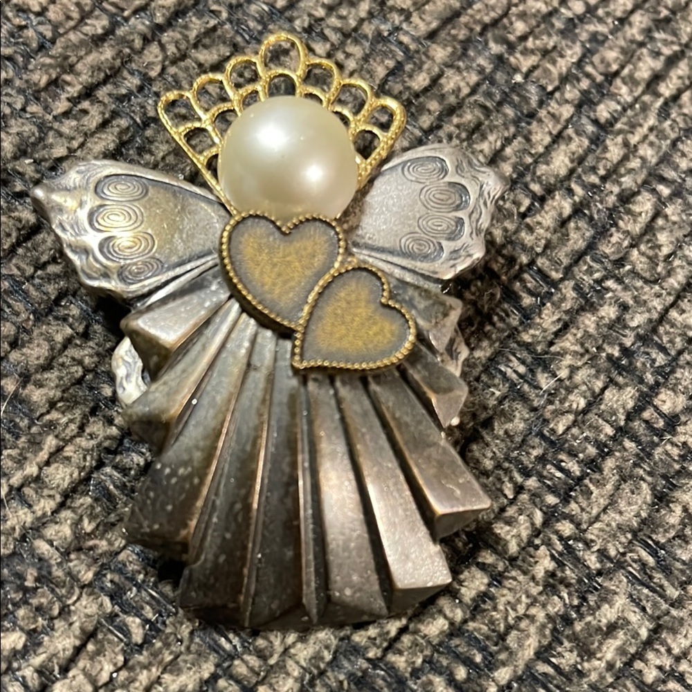 Vintage Ten Thousand Angel Brooch with Pearl and Heart Accents
